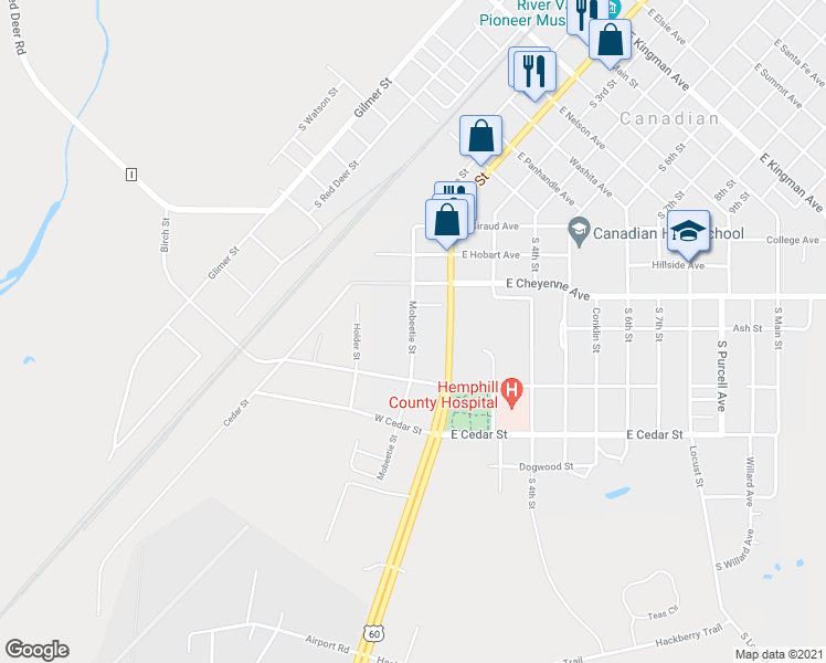 map of restaurants, bars, coffee shops, grocery stores, and more near Mobeetie Street in Canadian