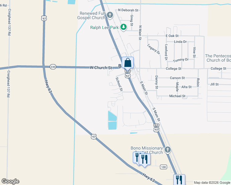 map of restaurants, bars, coffee shops, grocery stores, and more near 215 School Street in Bono