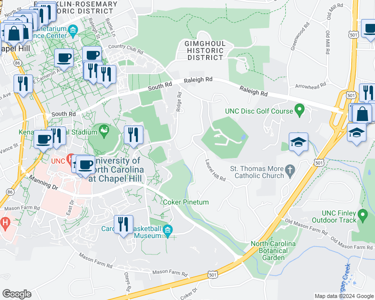 map of restaurants, bars, coffee shops, grocery stores, and more near 101 Roundhill Road in Chapel Hill