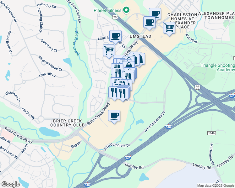 map of restaurants, bars, coffee shops, grocery stores, and more near 8411 Brier Creek Parkway in Raleigh