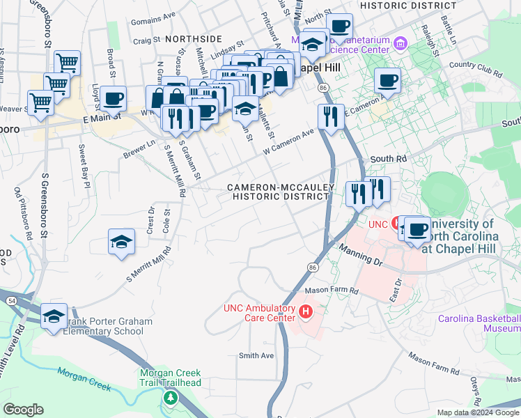 map of restaurants, bars, coffee shops, grocery stores, and more near 319 McCauley Street in Chapel Hill
