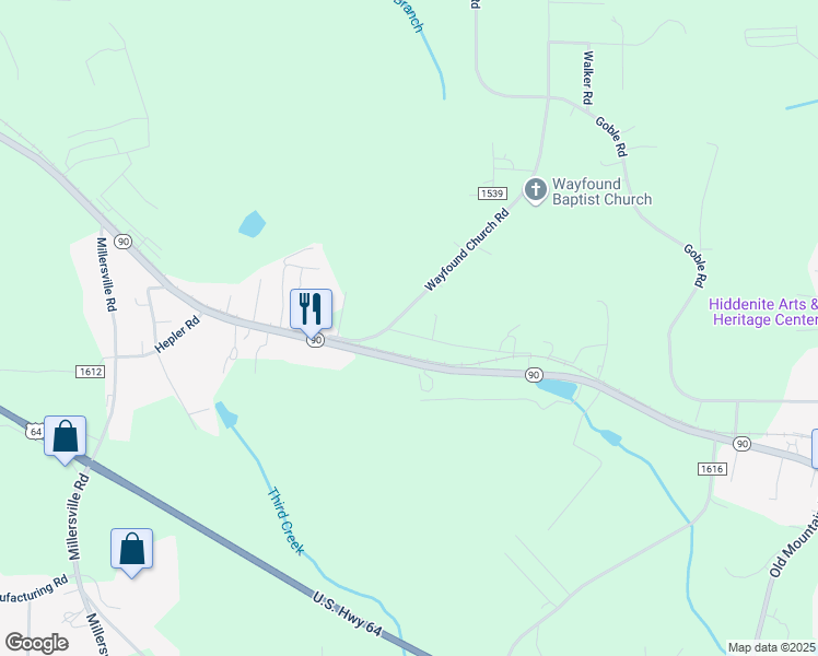 map of restaurants, bars, coffee shops, grocery stores, and more near 134 Wayfound Church Road in Hiddenite