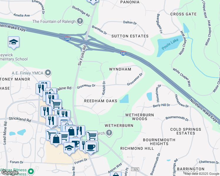 map of restaurants, bars, coffee shops, grocery stores, and more near 204 Grosvenor Drive in Raleigh