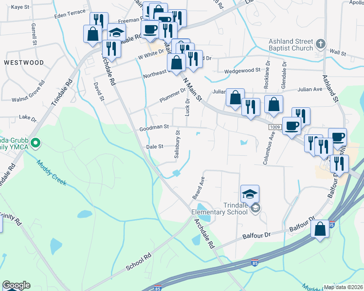 map of restaurants, bars, coffee shops, grocery stores, and more near 3907 Salisbury Street in Archdale
