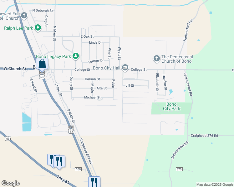 map of restaurants, bars, coffee shops, grocery stores, and more near 405 Brian in Bono