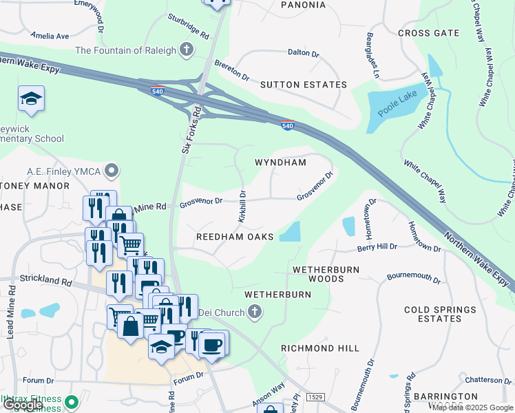 map of restaurants, bars, coffee shops, grocery stores, and more near 204 Grosvenor Drive in Raleigh