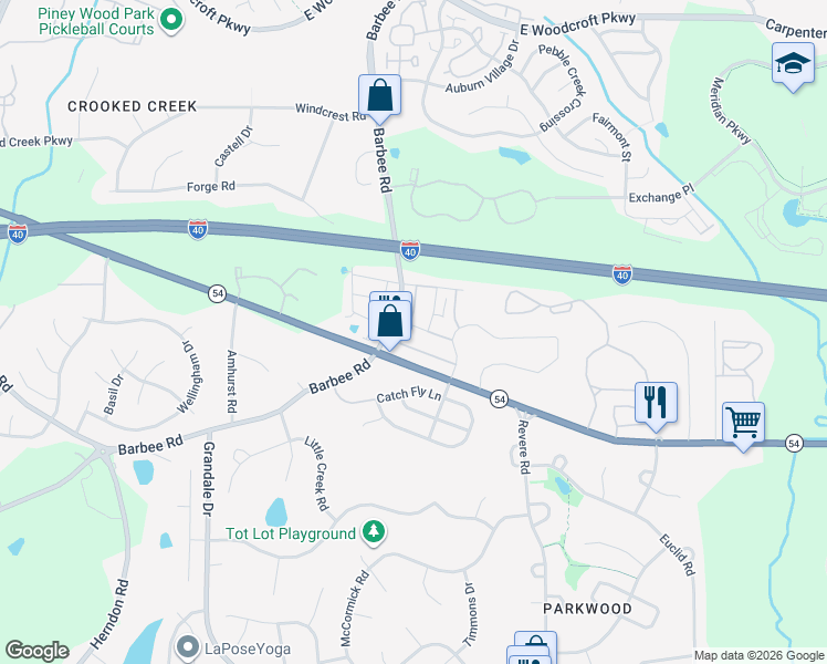 map of restaurants, bars, coffee shops, grocery stores, and more near 1103 Laceflower Drive in Durham