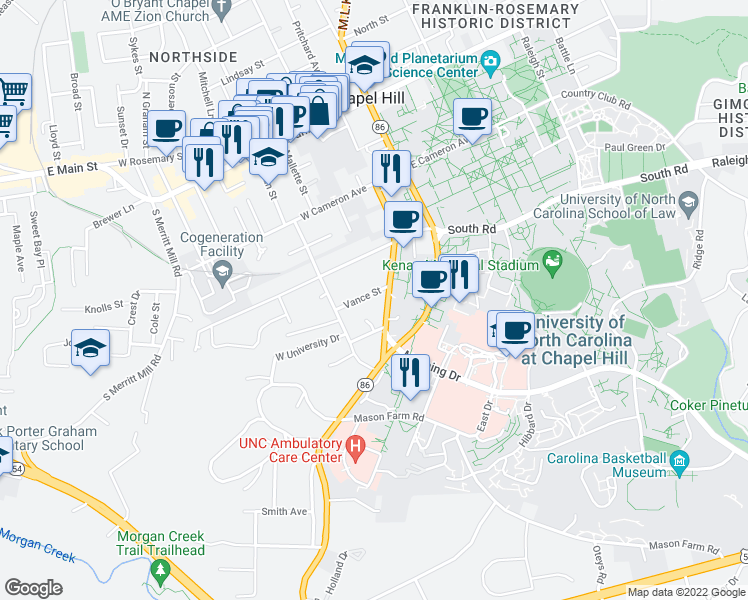 map of restaurants, bars, coffee shops, grocery stores, and more near 209 Vance Street in Chapel Hill