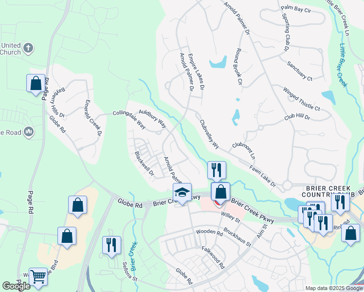 map of restaurants, bars, coffee shops, grocery stores, and more near 11641 Broadfield Court in Raleigh