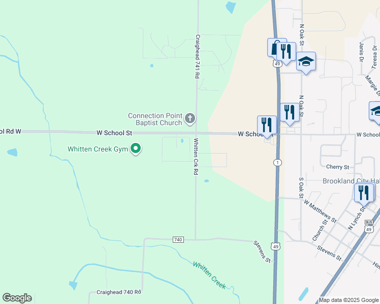 map of restaurants, bars, coffee shops, grocery stores, and more near McNatt Drive in Brookland