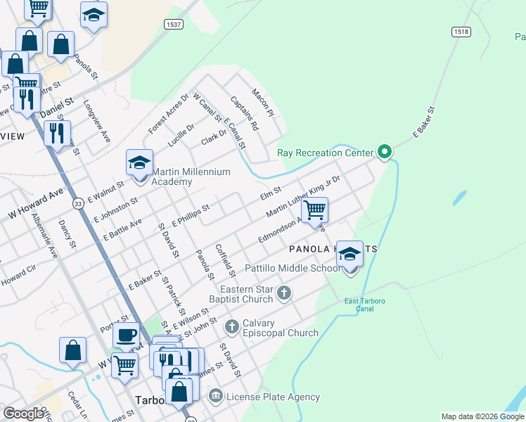 map of restaurants, bars, coffee shops, grocery stores, and more near 813 Martin Luther King Junior Drive in Tarboro