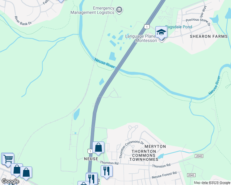map of restaurants, bars, coffee shops, grocery stores, and more near 4800 River Stream Way in Raleigh