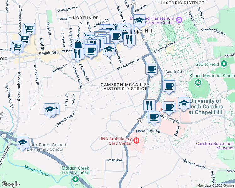 map of restaurants, bars, coffee shops, grocery stores, and more near 305 Brookside Drive in Chapel Hill