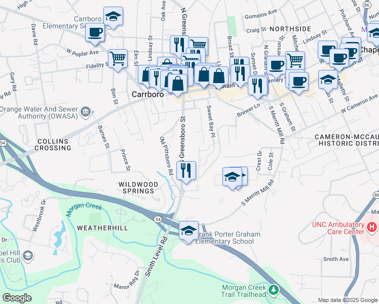 map of restaurants, bars, coffee shops, grocery stores, and more near 422 South Greensboro Street in Carrboro