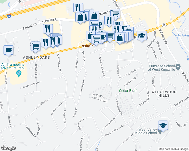 map of restaurants, bars, coffee shops, grocery stores, and more near 271 Moss Grove Boulevard in Knoxville