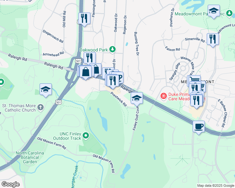 map of restaurants, bars, coffee shops, grocery stores, and more near 4412 Environ Way in Chapel Hill