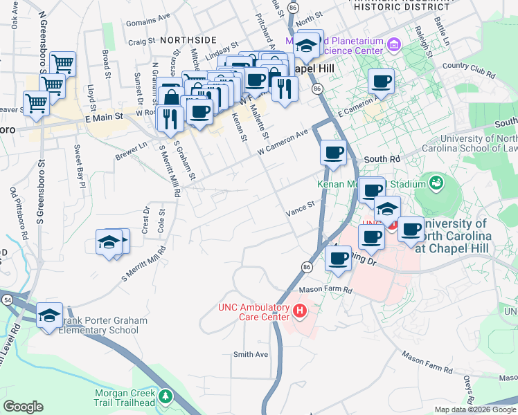 map of restaurants, bars, coffee shops, grocery stores, and more near 317 McCauley Street in Chapel Hill