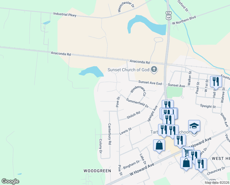 map of restaurants, bars, coffee shops, grocery stores, and more near 1900-1902 Pine Street in Tarboro
