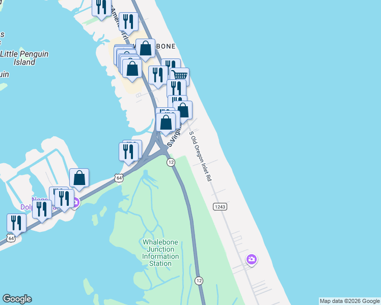 map of restaurants, bars, coffee shops, grocery stores, and more near 8026 South Old Oregon Inlet Road in Nags Head