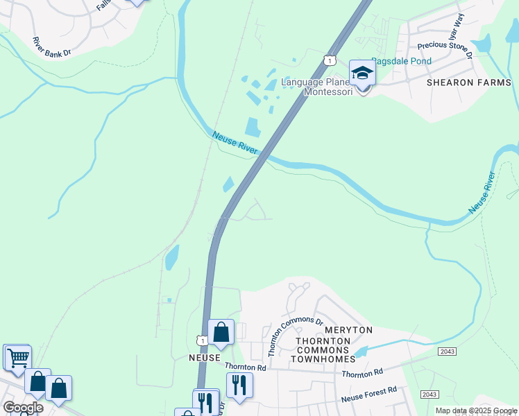 map of restaurants, bars, coffee shops, grocery stores, and more near 4800 River Stream Way in Raleigh