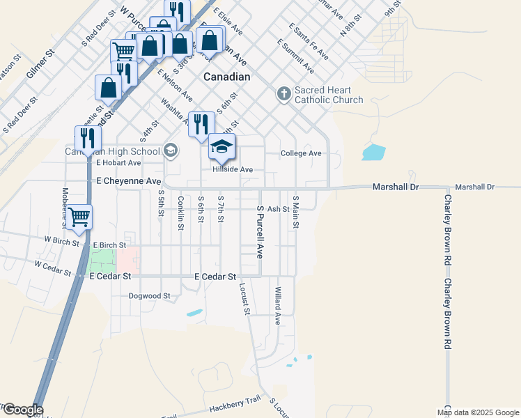 map of restaurants, bars, coffee shops, grocery stores, and more near South Purcell Avenue in Canadian