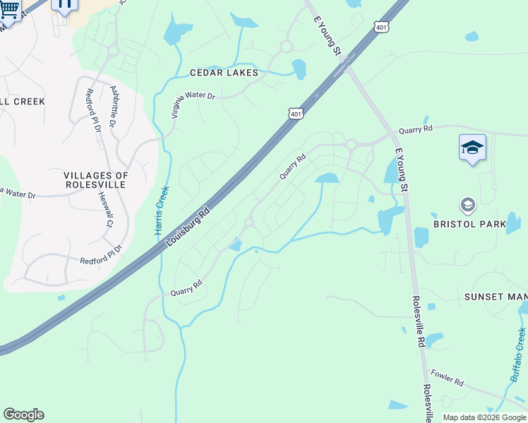 map of restaurants, bars, coffee shops, grocery stores, and more near 1002 East Young Street in Rolesville