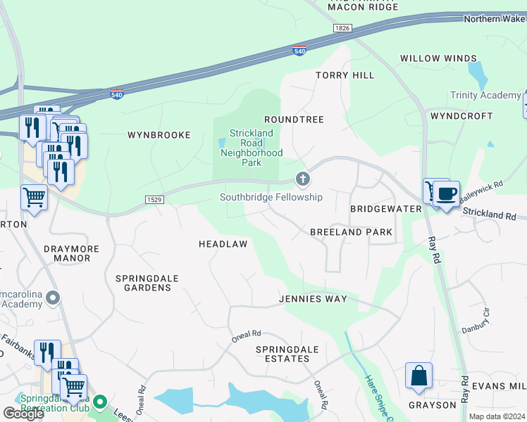 map of restaurants, bars, coffee shops, grocery stores, and more near Woodford Way in Raleigh
