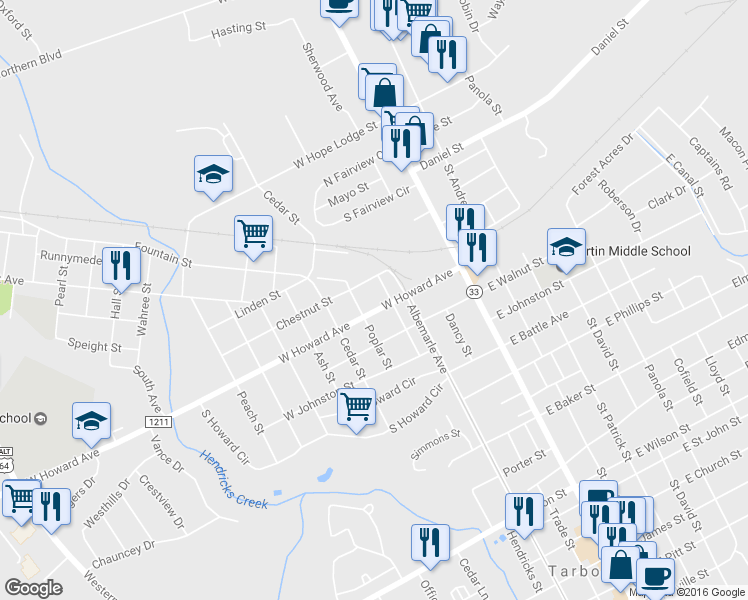 map of restaurants, bars, coffee shops, grocery stores, and more near 406 West Howard Avenue in Tarboro