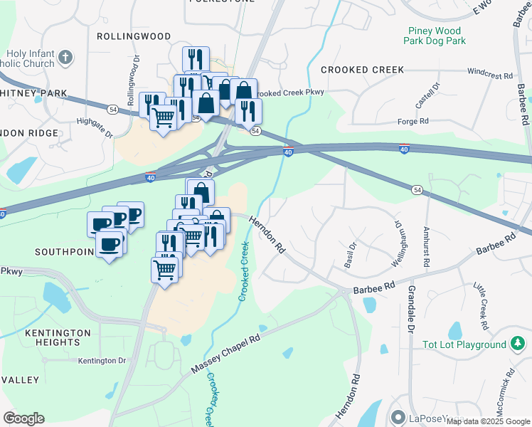 map of restaurants, bars, coffee shops, grocery stores, and more near 6530 Rossford Lane in Durham