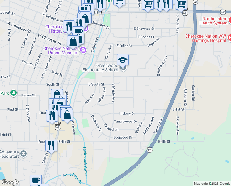 map of restaurants, bars, coffee shops, grocery stores, and more near 500 Covington Place in Tahlequah