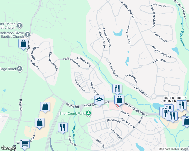 map of restaurants, bars, coffee shops, grocery stores, and more near 11608 Broadfield Court in Raleigh