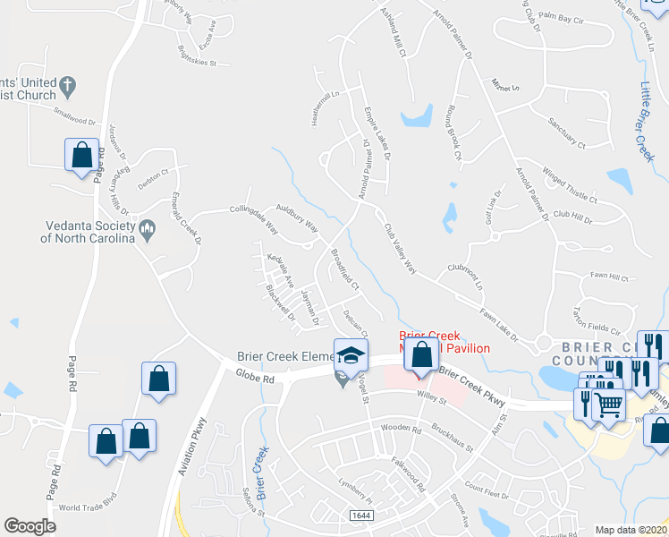 map of restaurants, bars, coffee shops, grocery stores, and more near 11620 Broadfield Court in Raleigh