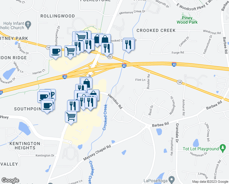 map of restaurants, bars, coffee shops, grocery stores, and more near 6530 Rossford Lane in Durham