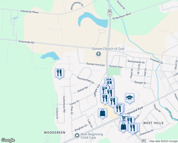 map of restaurants, bars, coffee shops, grocery stores, and more near 300 Windermere Circle in Tarboro
