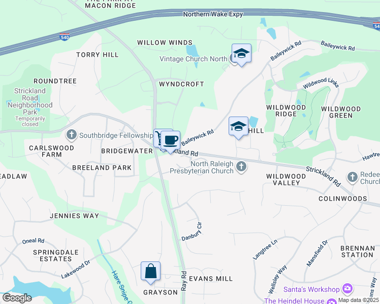 map of restaurants, bars, coffee shops, grocery stores, and more near 10405 Baileywick Road in Raleigh