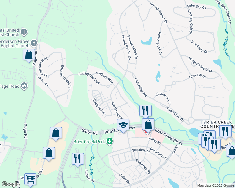 map of restaurants, bars, coffee shops, grocery stores, and more near 11608 Broadfield Court in Raleigh
