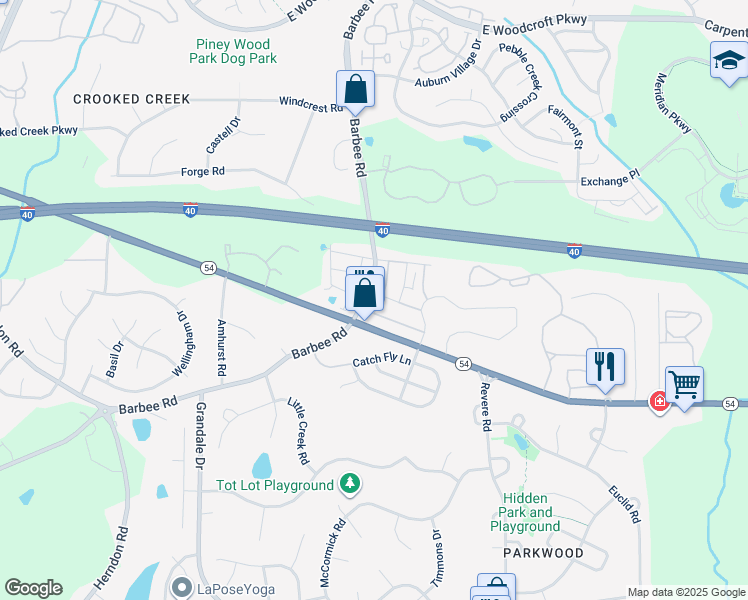 map of restaurants, bars, coffee shops, grocery stores, and more near 6452 Barbee Road in Durham