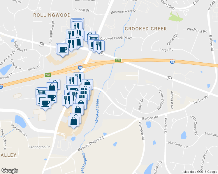 map of restaurants, bars, coffee shops, grocery stores, and more near 6512 Clarksdale Lane in Durham