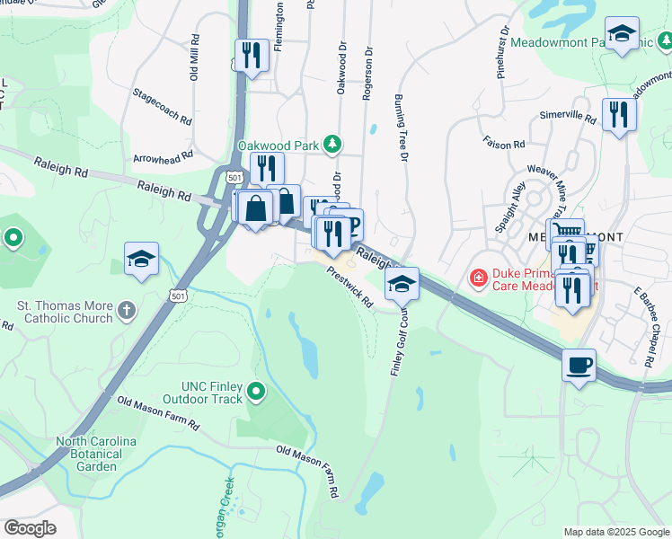 map of restaurants, bars, coffee shops, grocery stores, and more near 3509 Environ Way in Chapel Hill