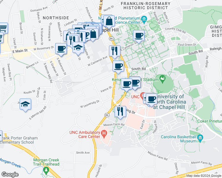 map of restaurants, bars, coffee shops, grocery stores, and more near 212 Vance Street in Chapel Hill