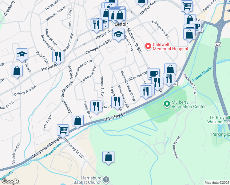 map of restaurants, bars, coffee shops, grocery stores, and more near 1017 Olive Avenue Southwest in Lenoir