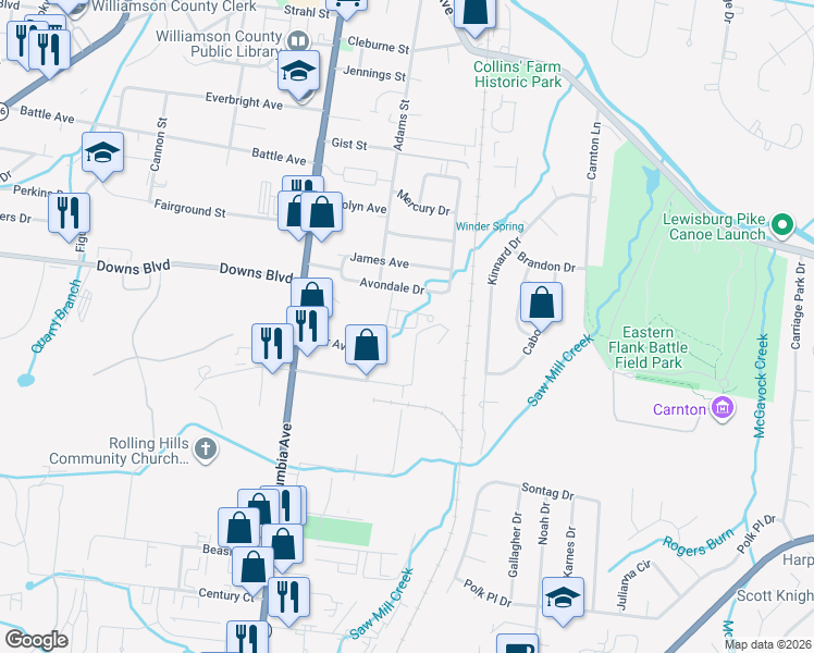 map of restaurants, bars, coffee shops, grocery stores, and more near 306 Avondale Drive in Franklin