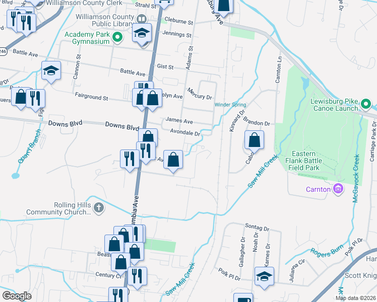 map of restaurants, bars, coffee shops, grocery stores, and more near 306 Avondale Drive in Franklin