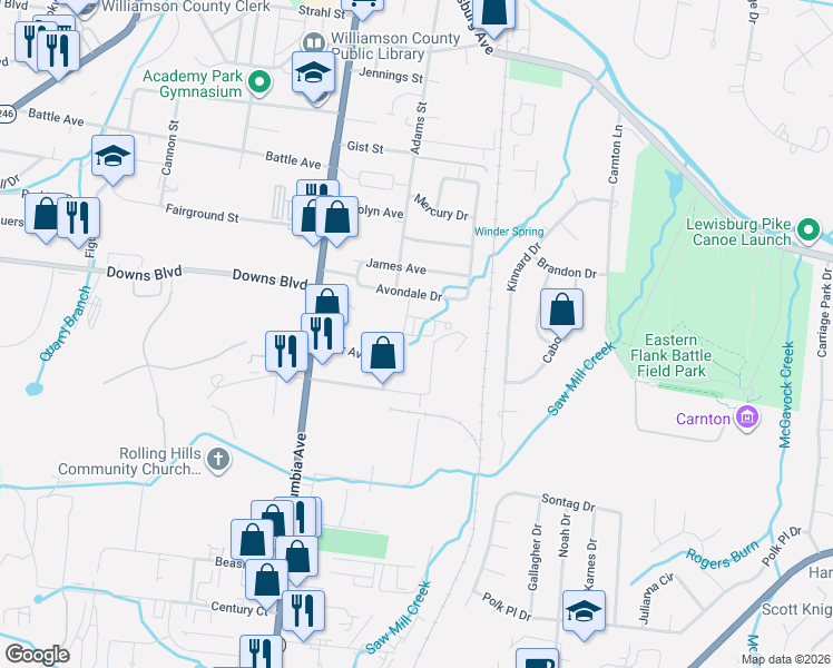 map of restaurants, bars, coffee shops, grocery stores, and more near 306 Avondale Drive in Franklin