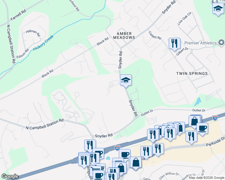 map of restaurants, bars, coffee shops, grocery stores, and more near 11549 Snyder Road in Knoxville