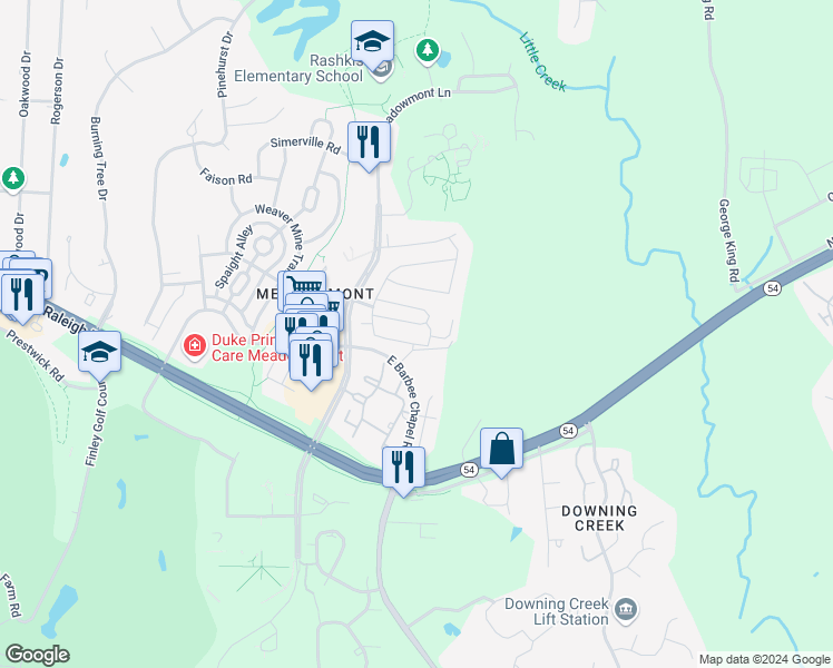 map of restaurants, bars, coffee shops, grocery stores, and more near 327 Cedar Club Circle in Chapel Hill