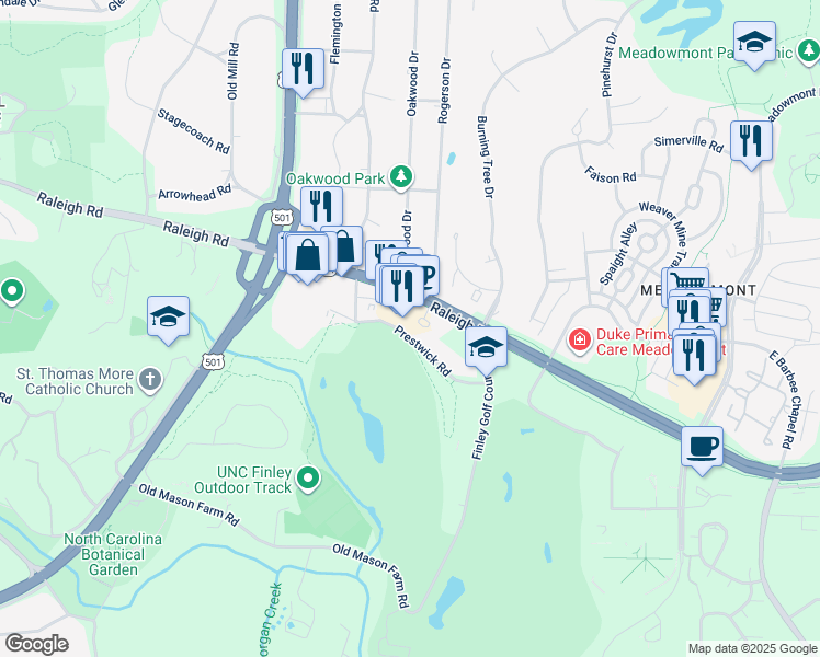 map of restaurants, bars, coffee shops, grocery stores, and more near 3510 Environ Way in Chapel Hill