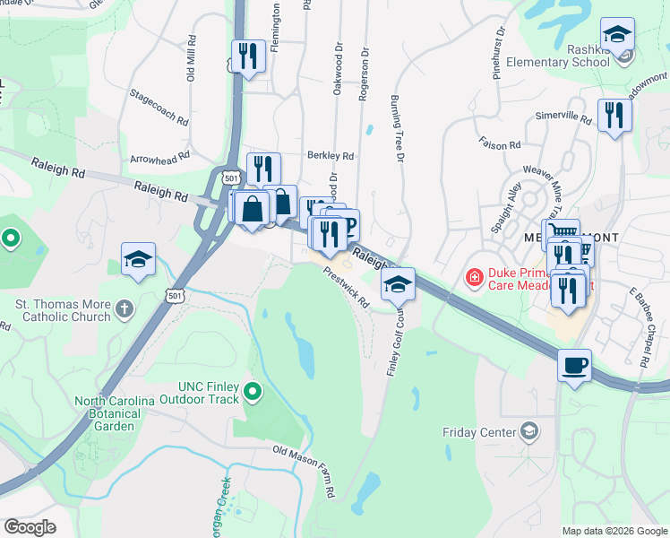 map of restaurants, bars, coffee shops, grocery stores, and more near 3509 Environ Way in Chapel Hill