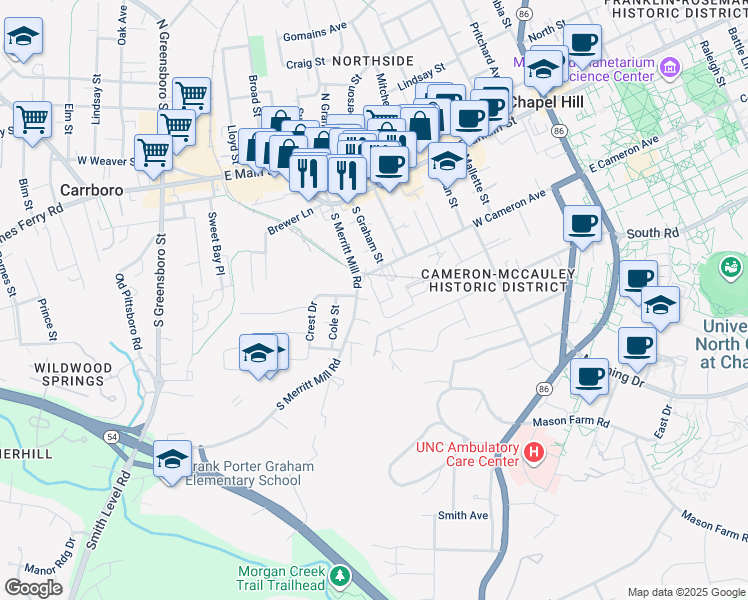 map of restaurants, bars, coffee shops, grocery stores, and more near 501 South Merritt Mill Road in Chapel Hill