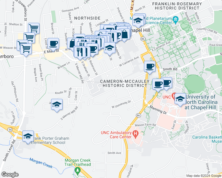 map of restaurants, bars, coffee shops, grocery stores, and more near 400 McCauley Street in Chapel Hill